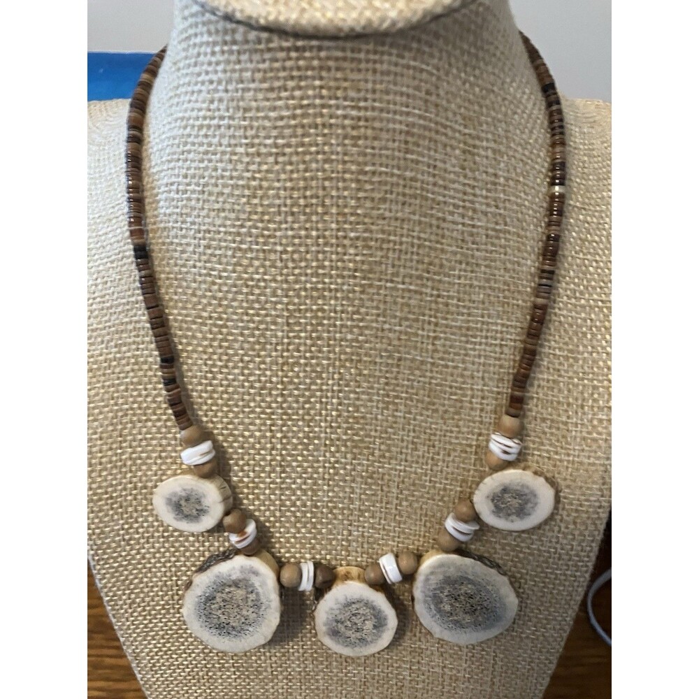Hand crafted Wood and Antler beaded necklace Approx 18" Barrel Clasp